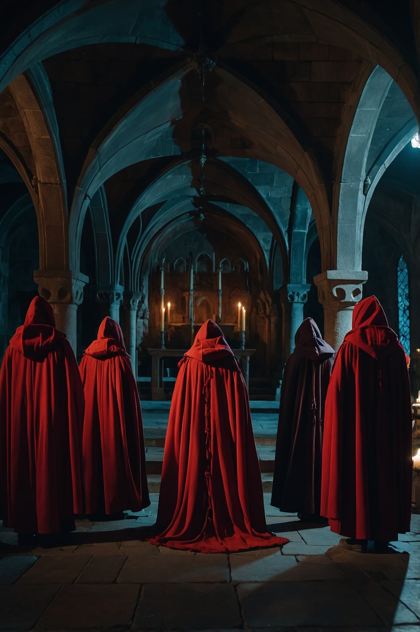 People in red cloaks standing in a Gothic crypt, lit by candles and imposing stone arches.