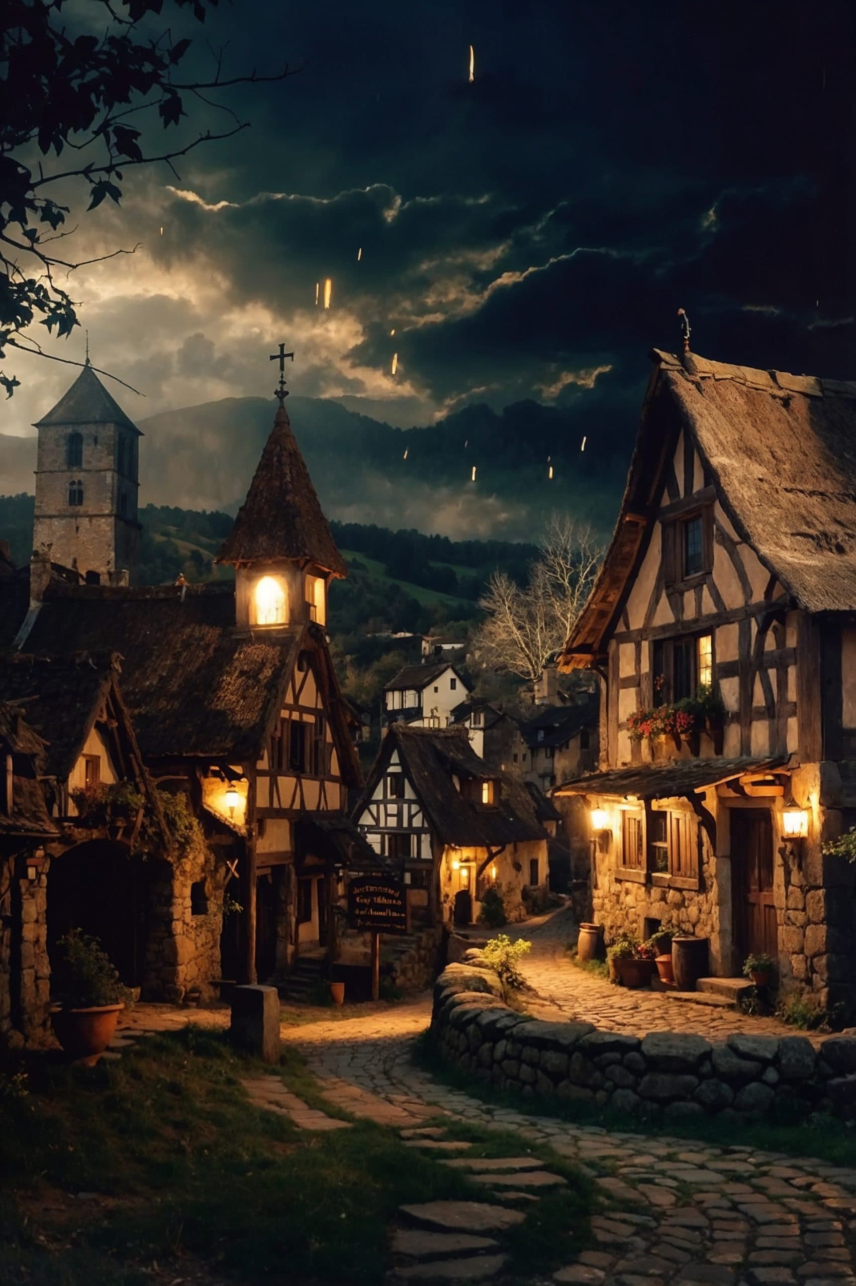 Medieval village at night illuminated by warm lights, with half-timbered houses and a church under a stormy sky.